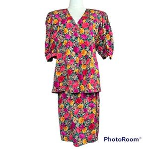 Vintage J. Tiktiner Cote D’Azur Floral Silk Skirt Set Size 12